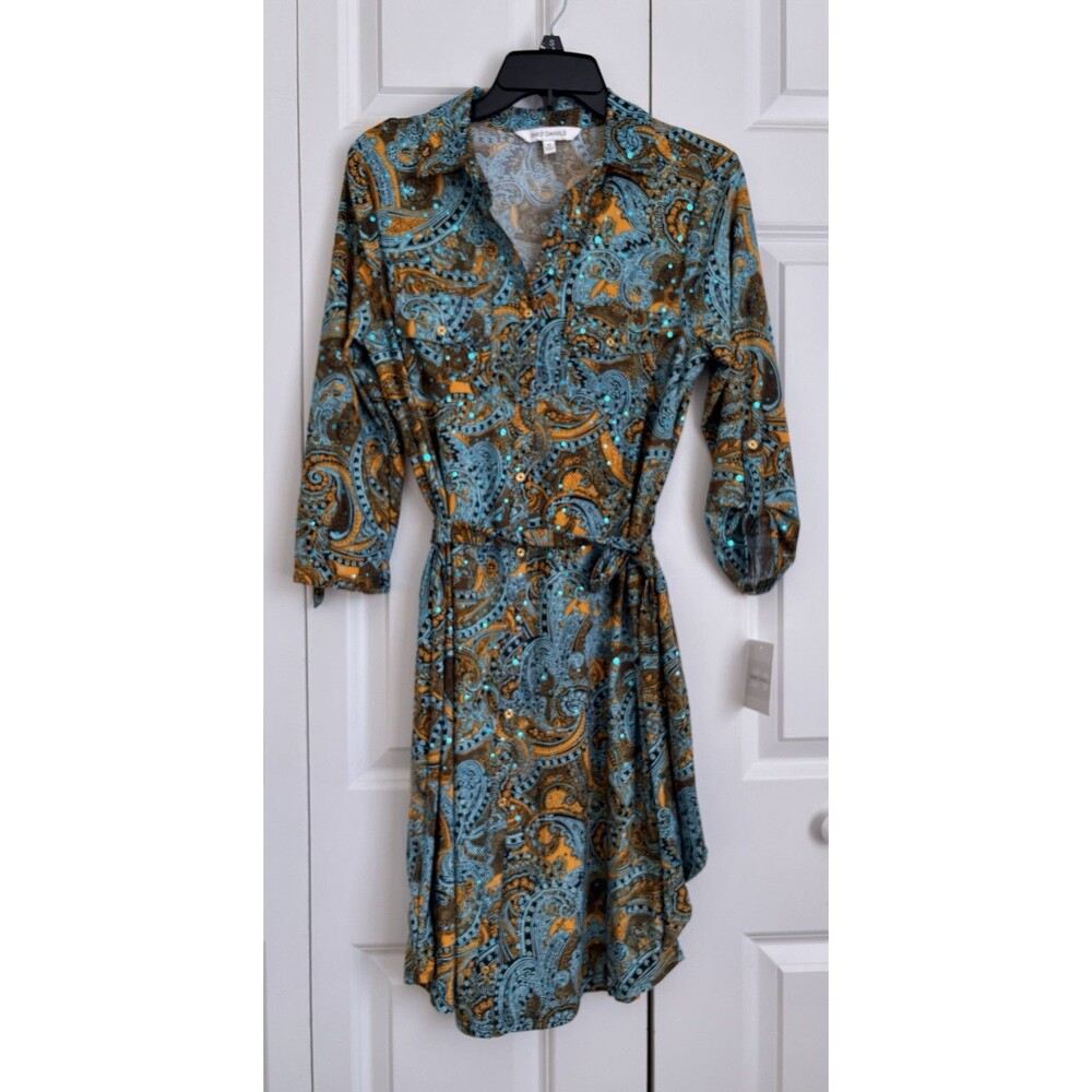 EMILY DANIELS WOMEN'S DRESS SHIRT TURQ PAUSLEY 3/4 SLEEVE ROLL TAB COLLARED